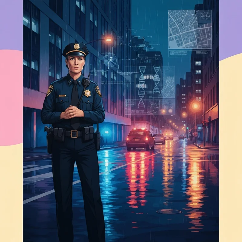 A cinematic high-resolution depiction of the story of police showing a stoic officer in a modern urban environment with forensic light patterns.