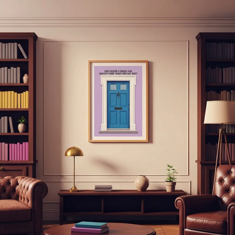 Ein stilvolles Notting Hill Filmplakat an einer Wand neben einem Regal mit Reiseb%fcchern und einer kleinen blauen Dekot%fcr.