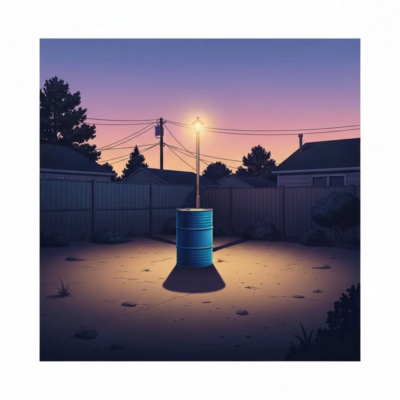 A dark, atmospheric cinematic shot of a blue metal drum in a suburban backyard at night, illustrating the megan is missing barrel scene context.