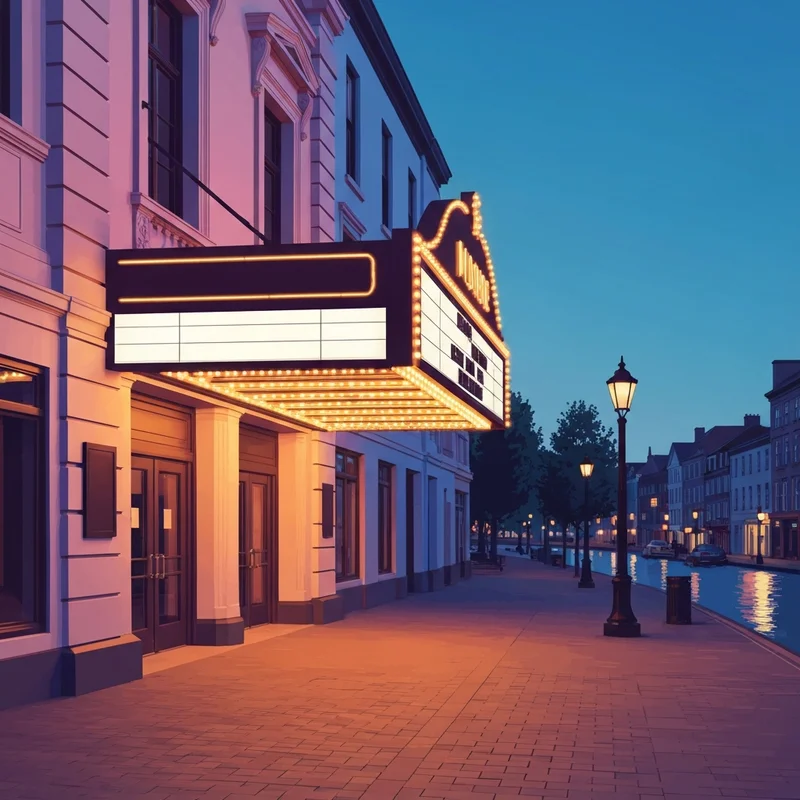A cinematic view of a vibrant theater marquee in Hudson WI theater district at night with soft city lights.