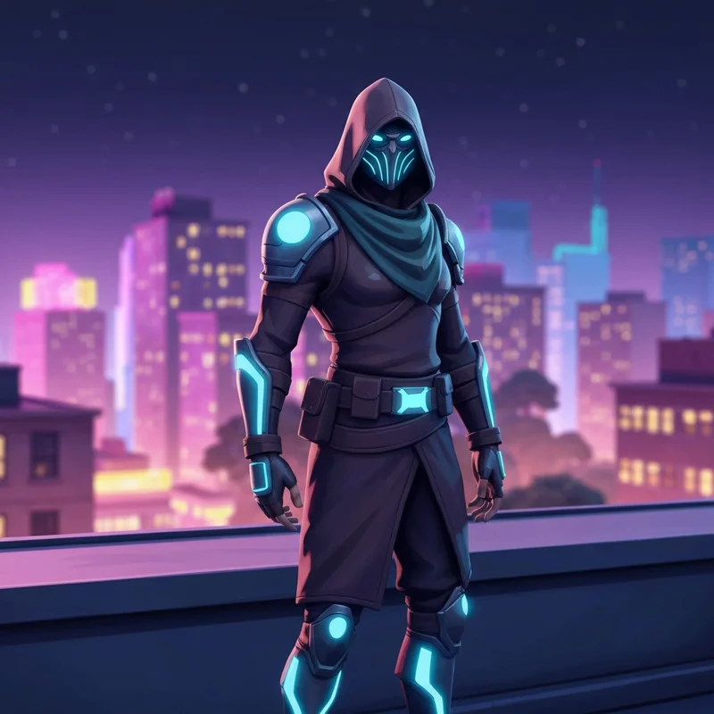 A high-resolution 4K render of a legendary Fortnite skin standing against a neon-lit futuristic city background, perfect for fortnite pictures and PFPs.