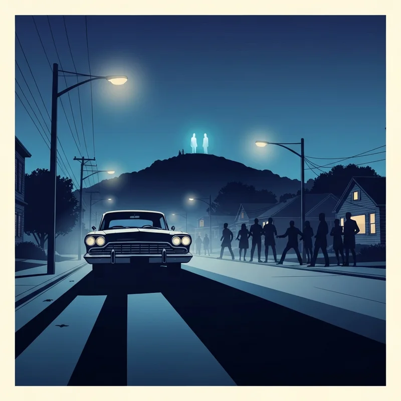 A cinematic depiction of a dark suburban street at night with a single glowing car and shadows of a panicked mob, representing the monsters are due on maple street.