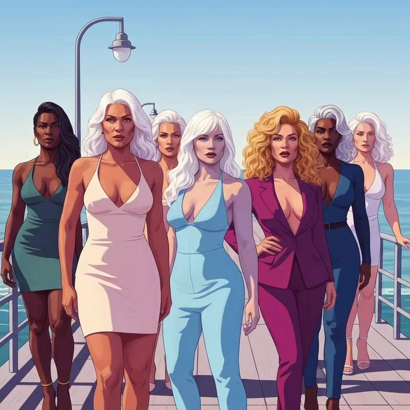 A group of confident, diverse blonde models in a sunny coastal setting, highlighting the bigboobs blondes aesthetic and modern body positivity.