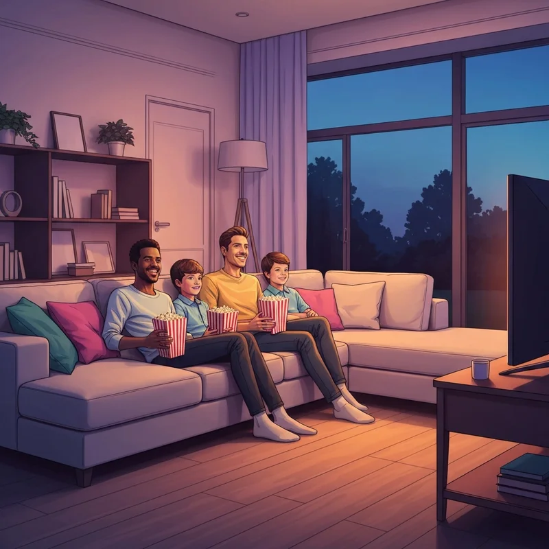 A cozy living room scene with a family laughing while watching 2018 family movies on a large screen.