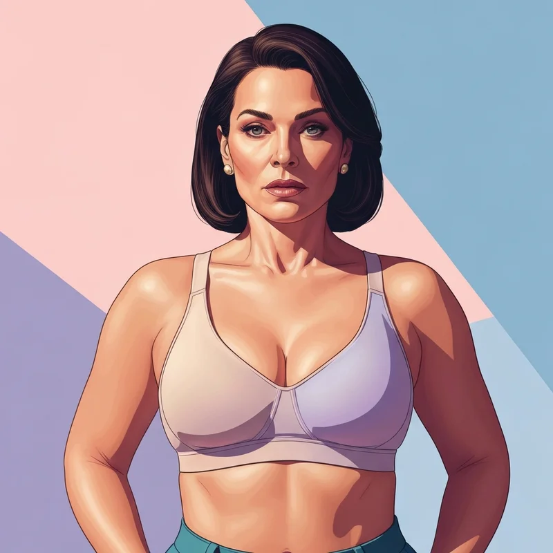Mujer con tetas grandes luciendo un sujetador deportivo de alta gama y manteniendo una postura elegante en un entorno de bienestar.