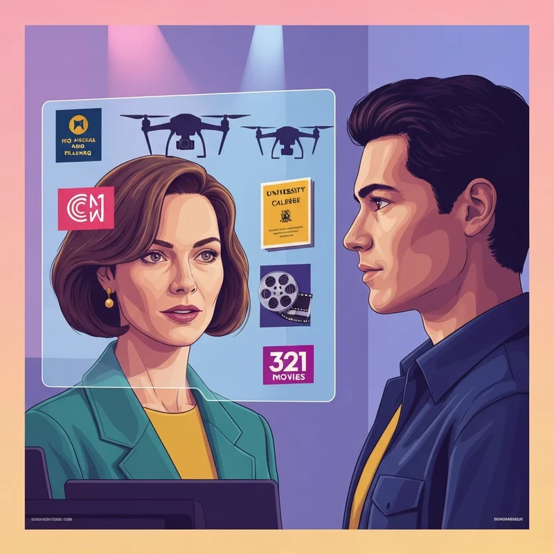 A sleek digital interface showing a search query for 321 movies with multiple divergent paths representing production, academia, and streaming.