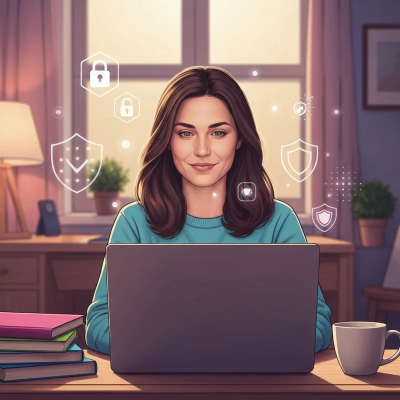 A young woman sitting in a modern study space, looking thoughtfully at her laptop with a supportive, glowing interface representing digital safety and empowerment for the exploited college girl demographic.