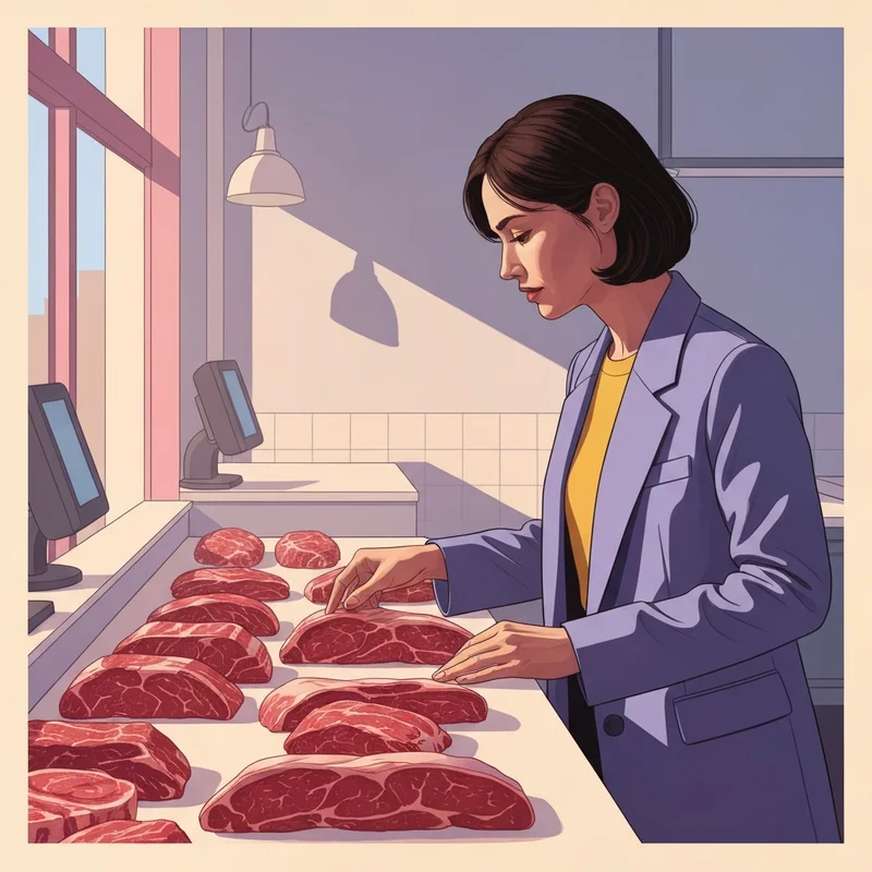 Una mujer joven inspeccionando cortes frescos de carne del mercado en un puesto tradicional con iluminación clara y etiquetas de precios.