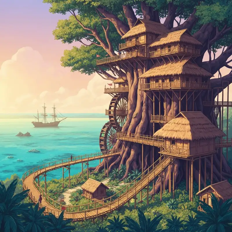 A massive, multi-level tropical treehouse built into a giant Banyan tree, representing the classic robinson swiss island sanctuary.