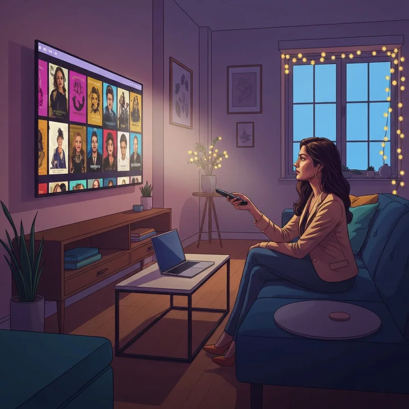 A young South Asian professional woman in a cozy modern apartment choosing between desimovies on a sleek smart TV interface, cinematic lighting, high-quality streaming concept.