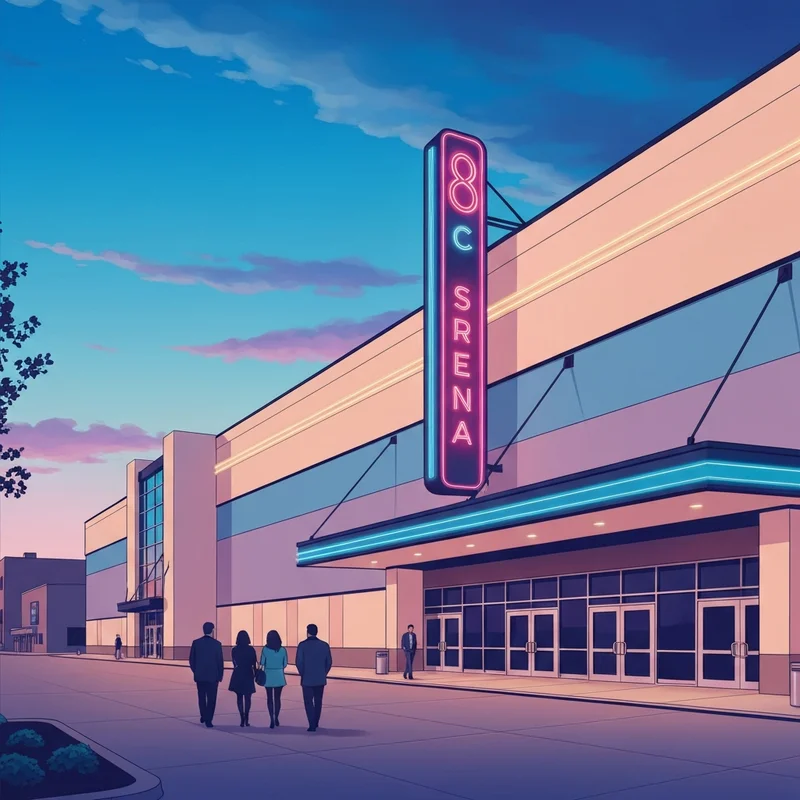The glowing neon marquee of a modern 8-screen movie theater at dusk in Clinton, Iowa, highlighting the clinton 8 clinton ia location.