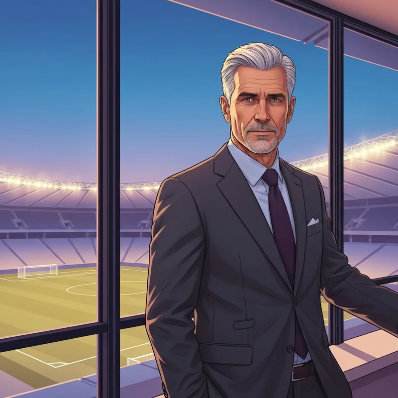 Rich Orosco, a sophisticated Mexican-American executive in a tailored dark suit, standing confidently in a modern sports arena setting, representing professional branding excellence.