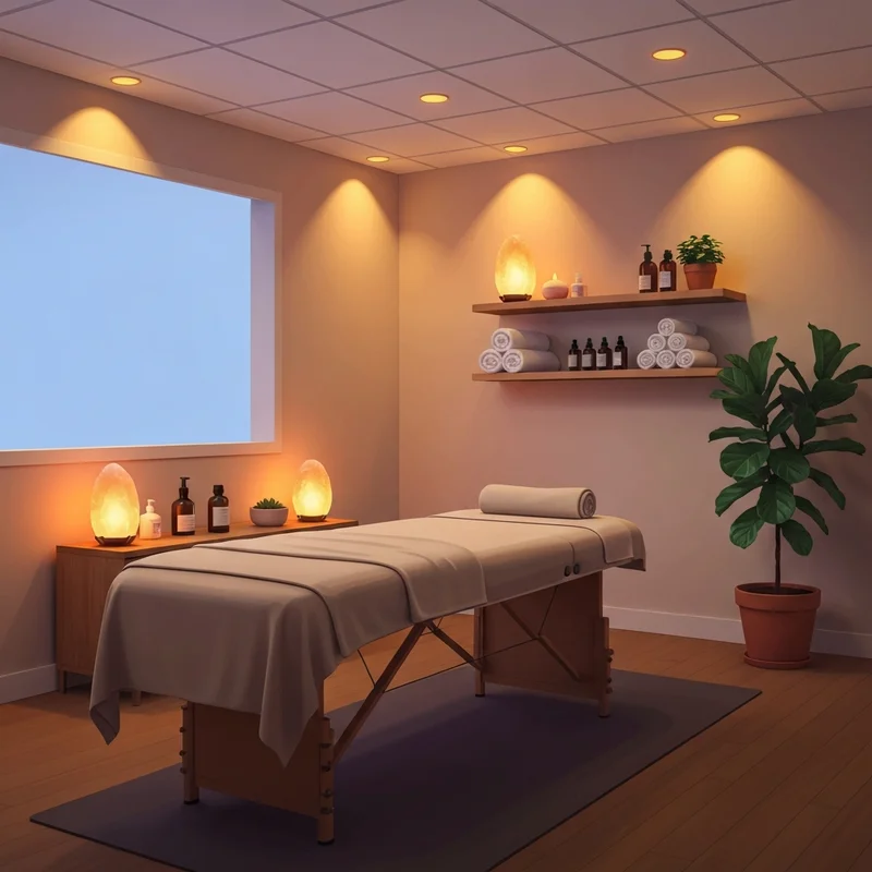 A serene and professionally decorated massage room featuring warm amber lighting, a soft massage table with bamboo linens, and lush green plants in the corner, illustrating the ultimate sanctuary in massagerooms.