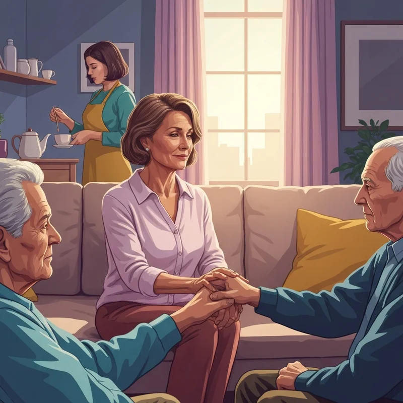 A supportive family unit holding hands in a bright living room, symbolizing family stroke recovery and caregiver resilience.