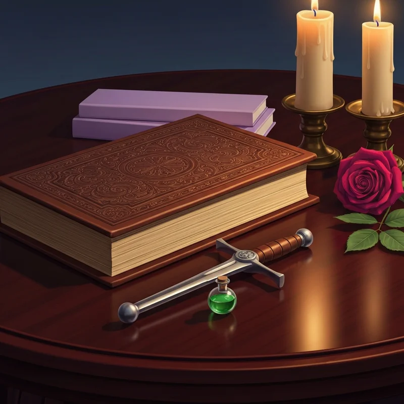 A collection of elegant medieval items and a storybook representing princess bride quotes for social wit.