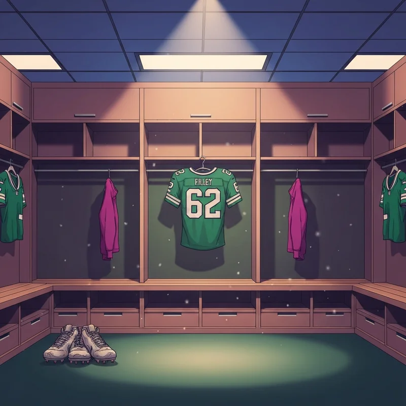 A symbolic depiction of a legendary football center's jersey hanging in a locker room with a soft golden glow, representing the jason kelce eagles return prediction.