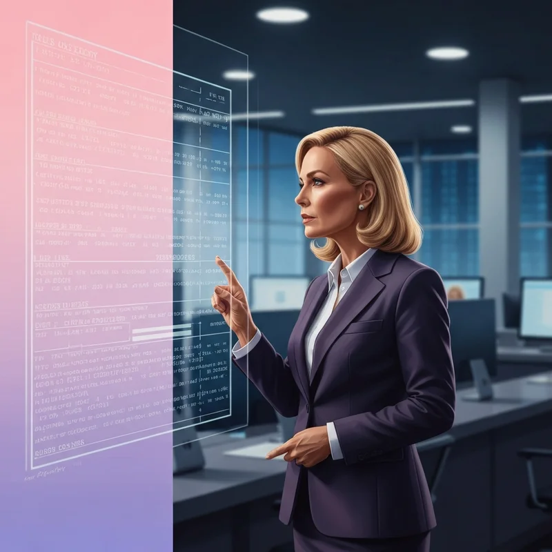 Portrait-style conceptual representation of an investigative journalist monitoring a wall of digital screens showing financial charts and constitutional documents, reflecting the work of ann vandersteel.