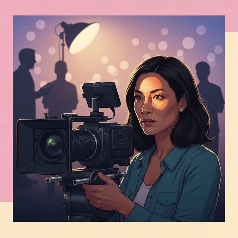 A professional female cinematographer of Latina descent behind a high-end cinema camera, golden hour lighting, cinematic film set environment. Latina dp professional concept.