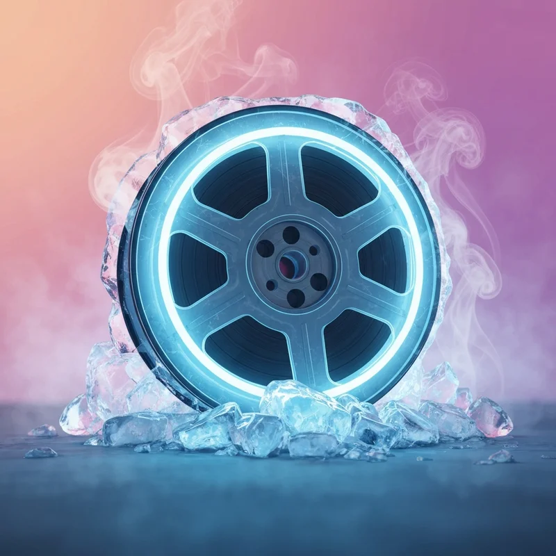 A cinematic high-contrast shot of a frozen film reel with an icy blue lens flare, symbolizing ice movies.