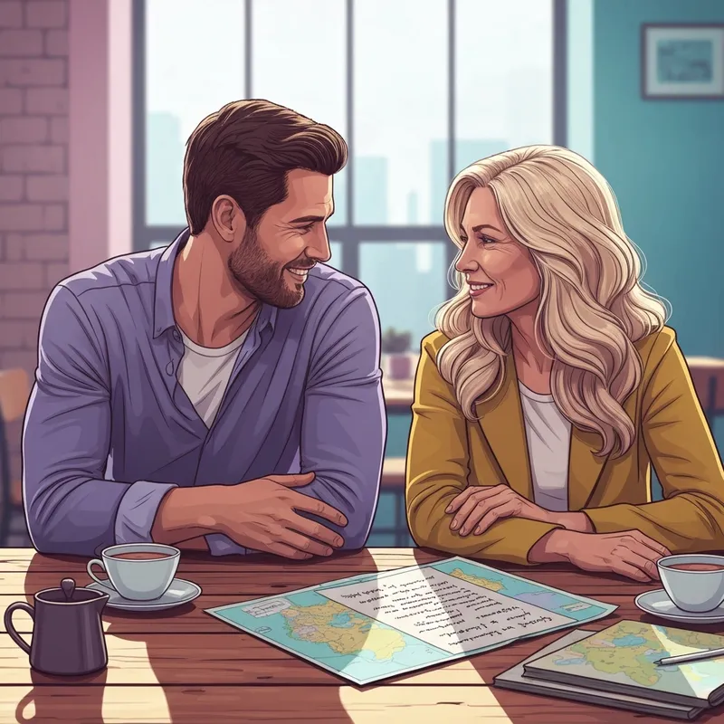 A sophisticated couple in their early 30s planning their future wife bucket goals together over a map and coffee.