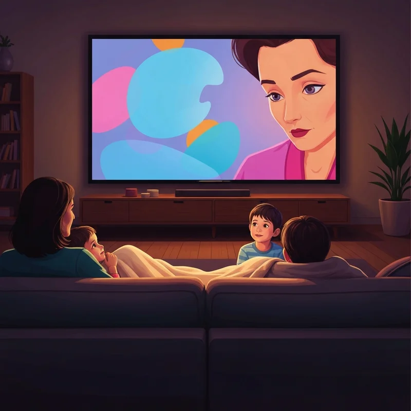 A cozy family living room with a glowing TV screen showing a colorful animated underwater scene, representing safe G movies for kids.
