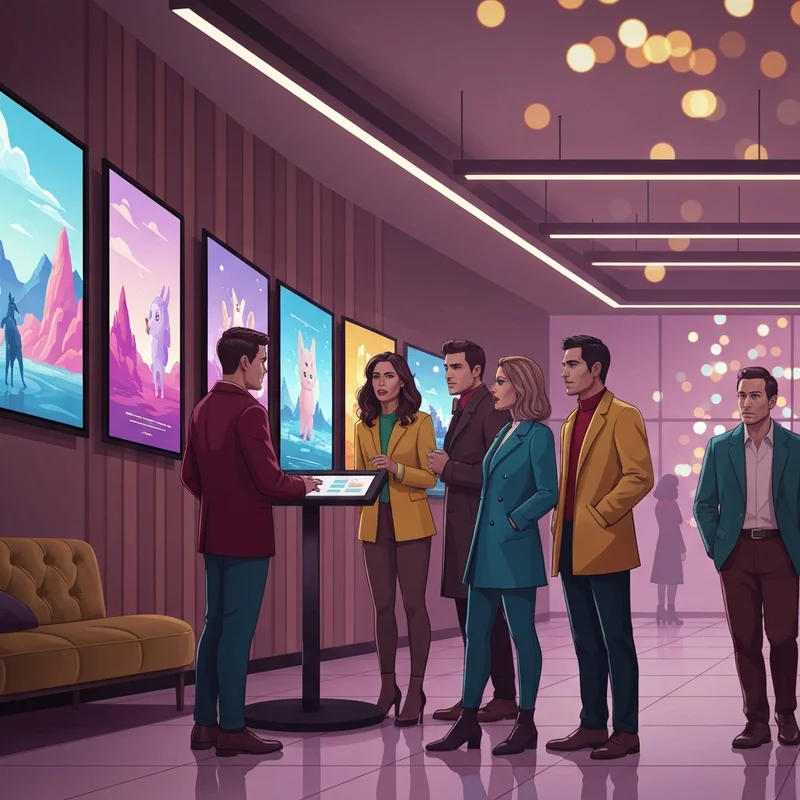 A vibrant and cinematic movie theater lobby in late 2025 with posters for movies coming out in november 2025 including stylized fantasy and animation themes.