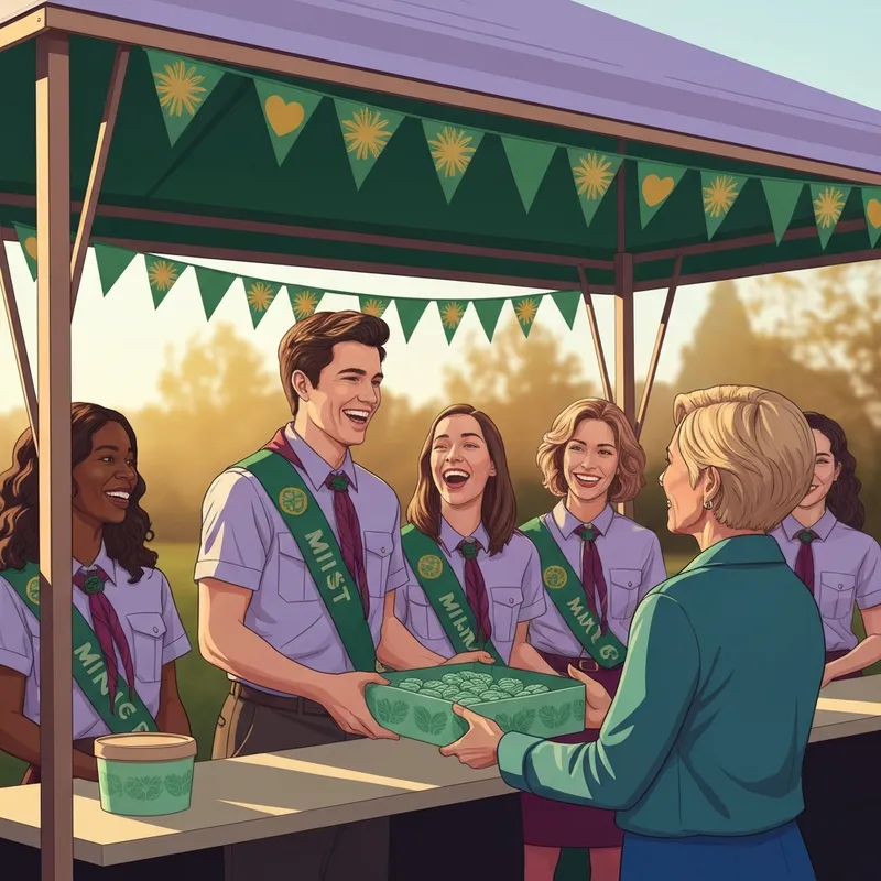 A diverse group of scouts standing proudly in front of a colorful cookie booth, symbolizing the inclusive spirit of the girl scout nookies 2-lily jordan search.