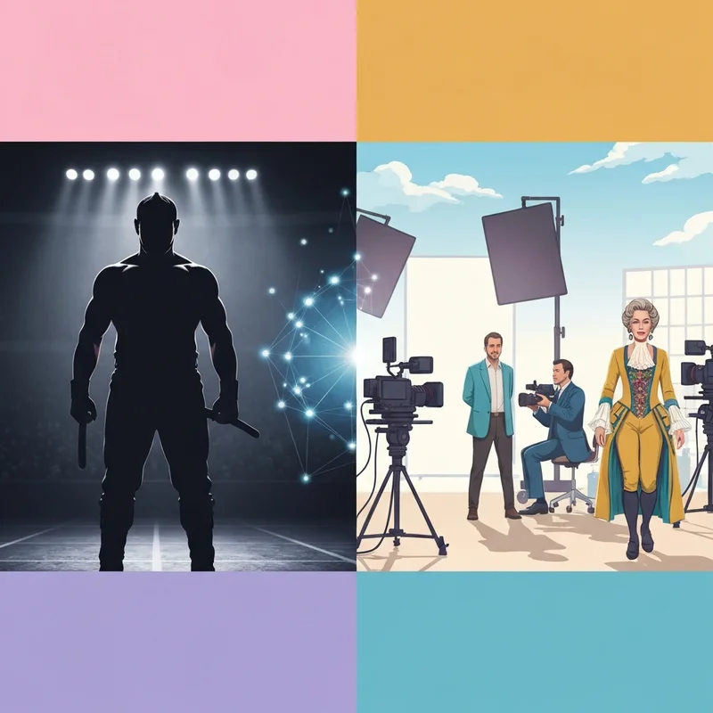 A symbolic representation of the Jemeljanenko legacy showing a stoic fighter's silhouette merging into a modern digital film set background.