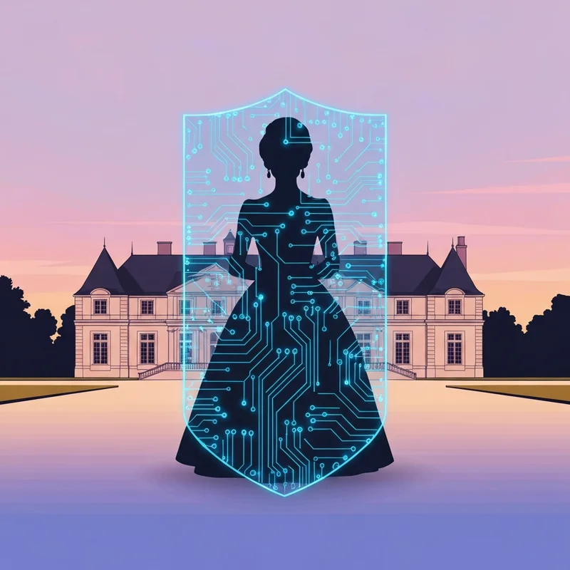 A symbolic representation of royal privacy showing a silhouetted elegant woman behind a digital shield of glowing geometric lines, representing the kate middleton toppless photo legal and AI battle.