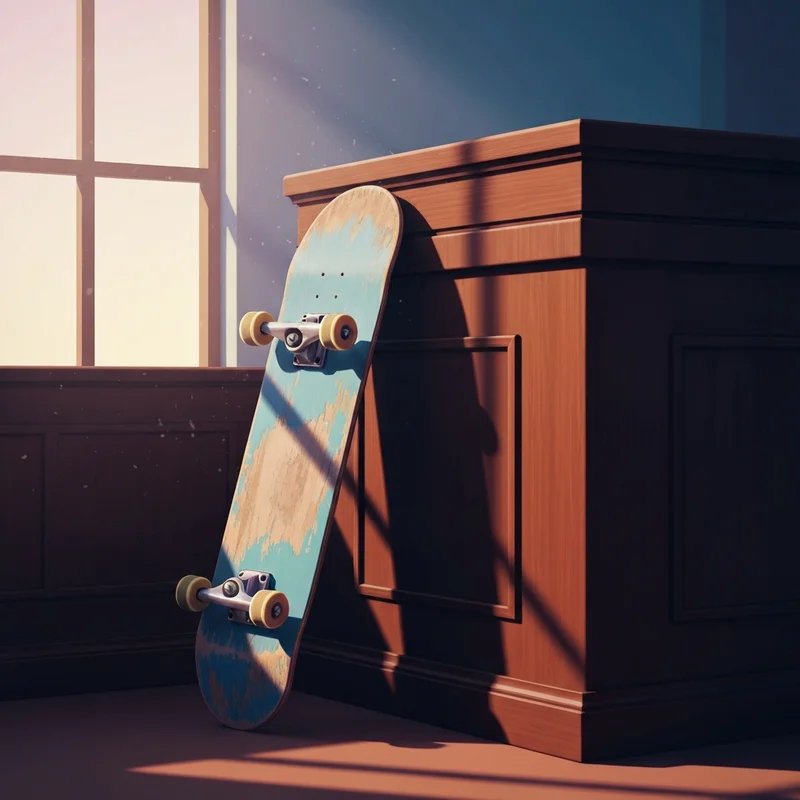 A cinematic, moody illustration symbolizing the curious case of bam margera, featuring a lone skateboard at the edge of a courtroom shadow.
