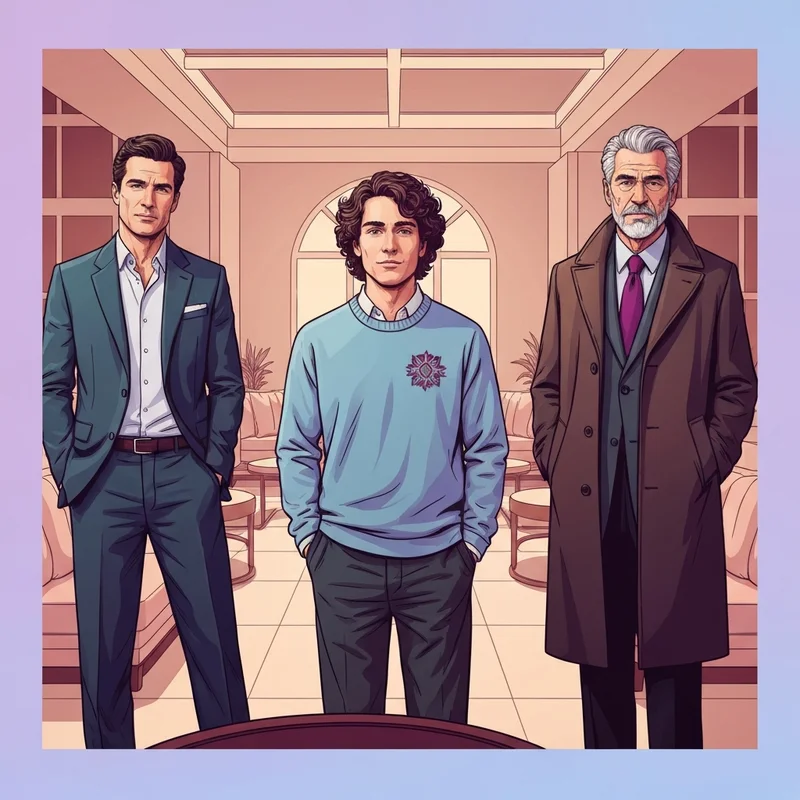 A diverse collage representing the hottest celebrities male archetypes, featuring a classic leading man, an indie heartthrob, and a silver fox.