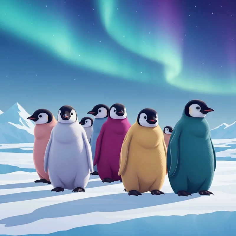 A group of realistic and cute emperor penguin chicks standing on a vast ice shelf under a soft blue aurora, representing films with penguins.