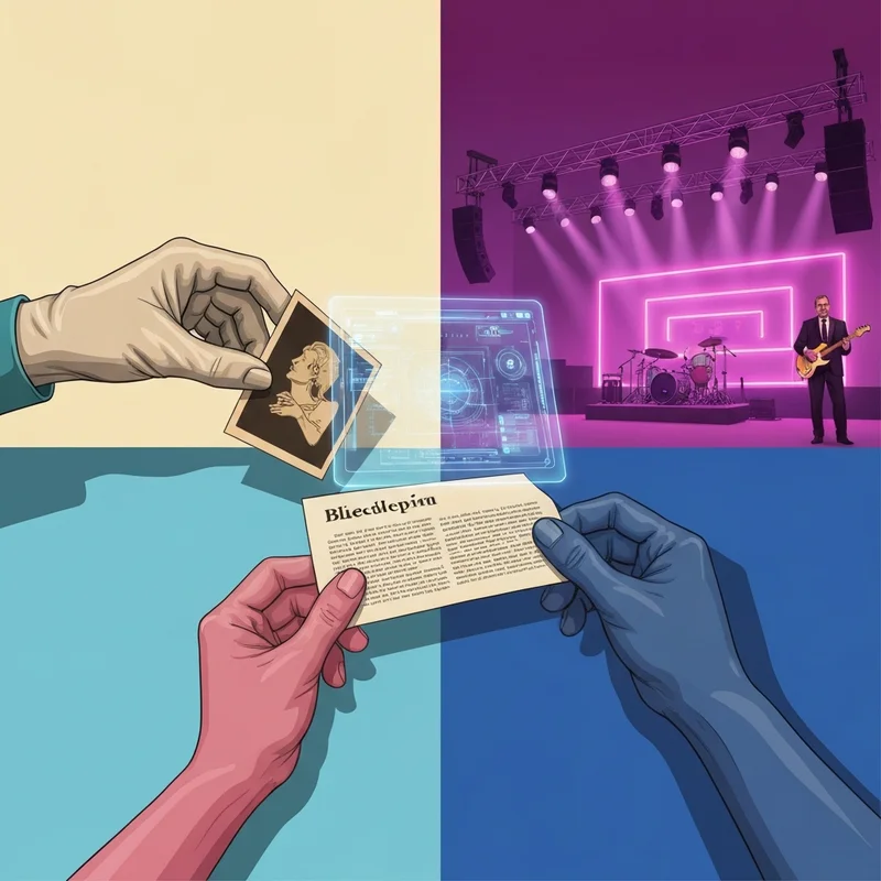 A conceptual digital art piece showing a torn historical photograph, a stack of musical vinyl records, and a blueprint being redesigned, illustrating the multi-faceted meaning of rip her up.