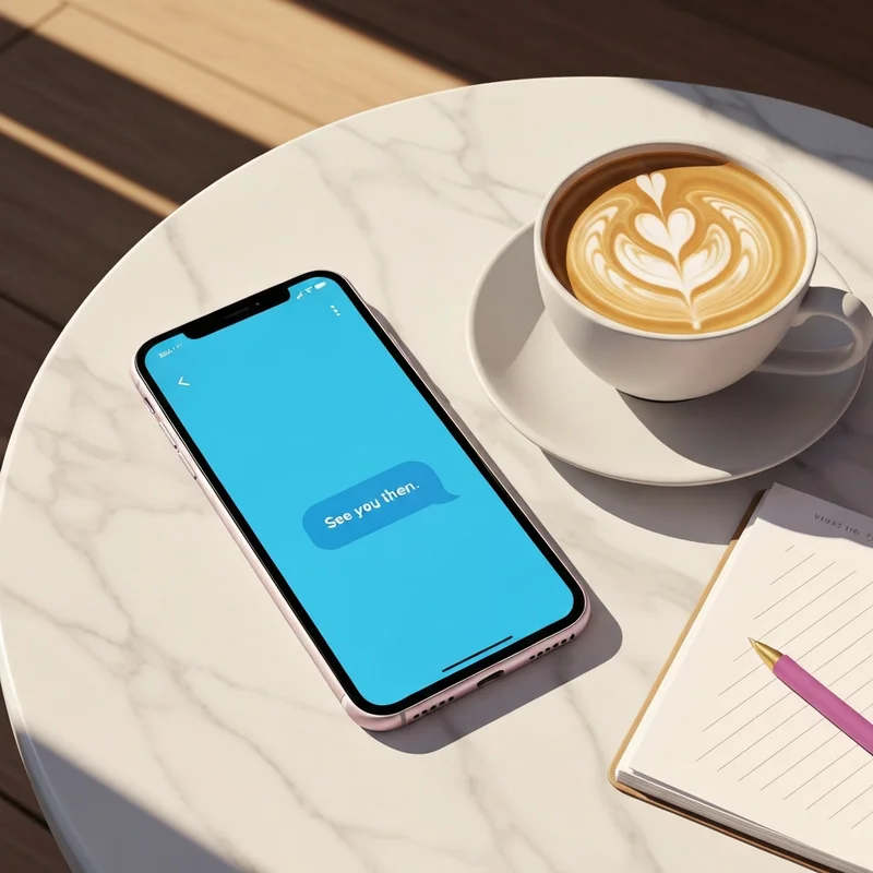 A modern aesthetic flat lay of a smartphone showing a text confirmation saying 'see you then' next to a cup of coffee and a planner.