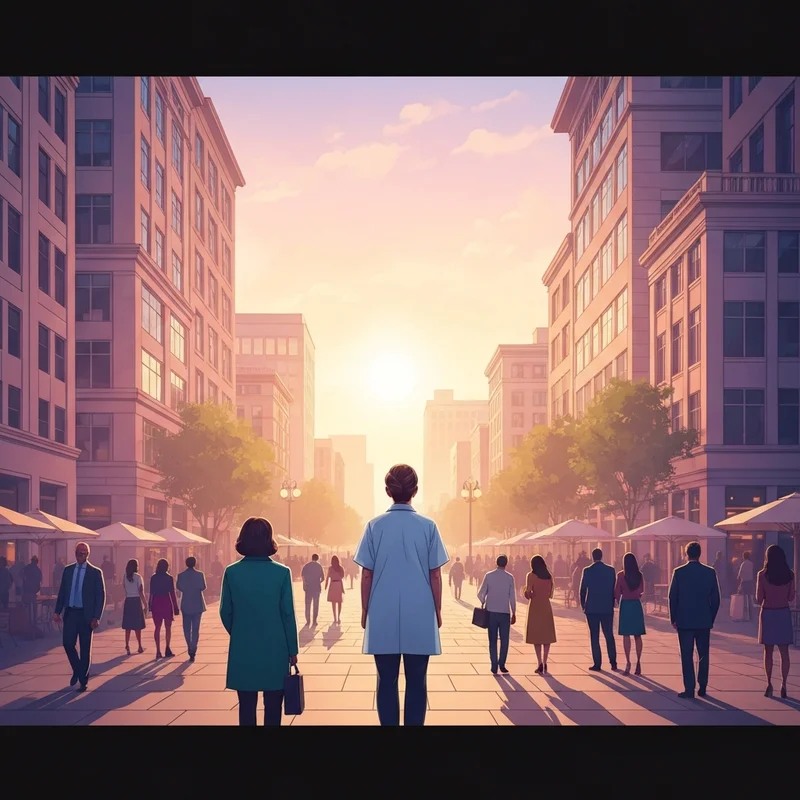 A cinematic representation of the helper film themes showing a supportive hand reaching out in a modern urban environment.