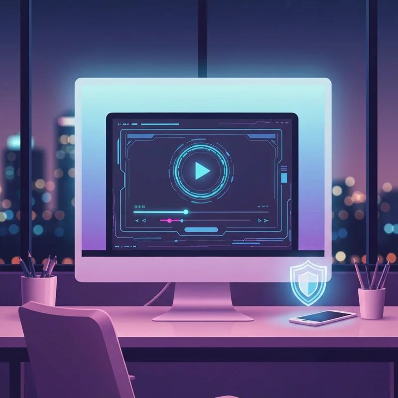 A modern digital workspace with a high-definition screen showing a secure streaming interface, neon accents, and a focus on cyber-security for idlix users.
