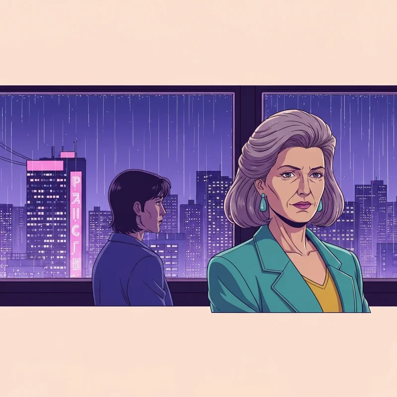 A nostalgic 80s anime scene featuring a neon-lit futuristic city with a retro aesthetic and hand-drawn cel animation style.