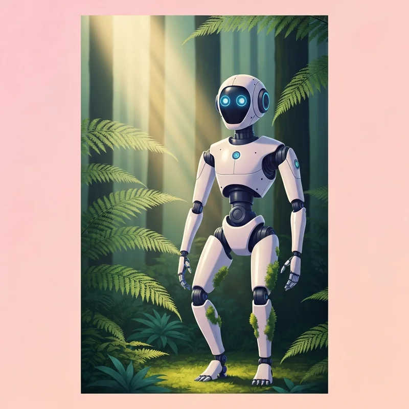 A cinematic visualization of the wildbot concept showing a sleek robot in a lush natural forest environment.
