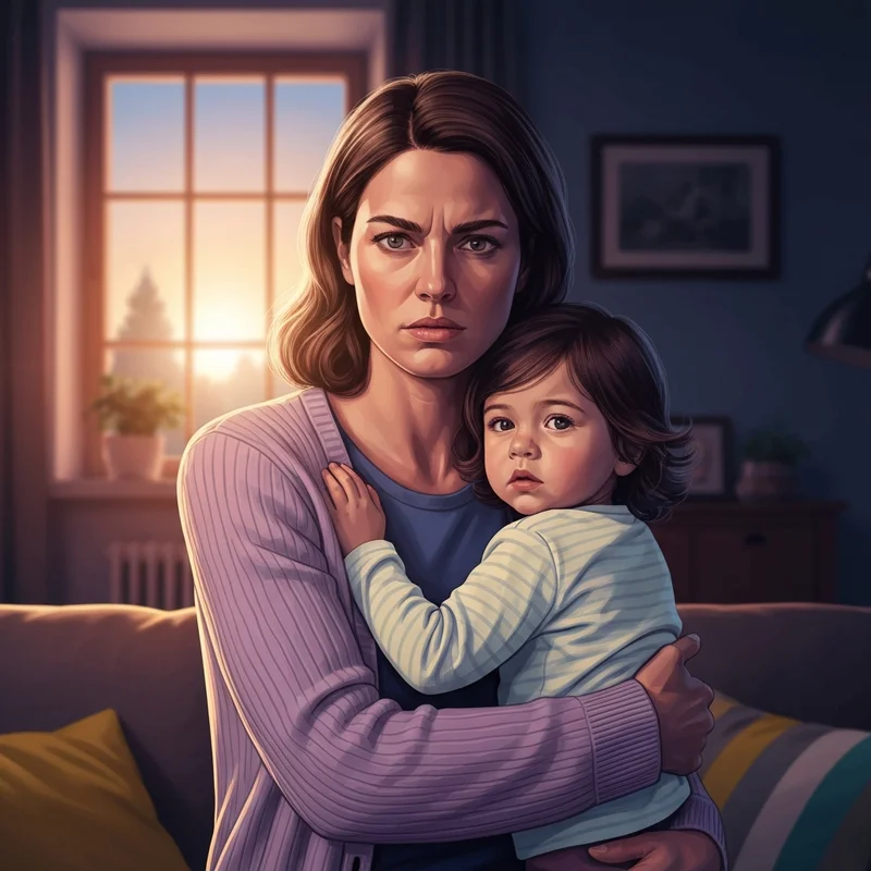 A cinematic and emotional scene depicting a protective mother holding her child, inspired by the movie you can't take my daughter.