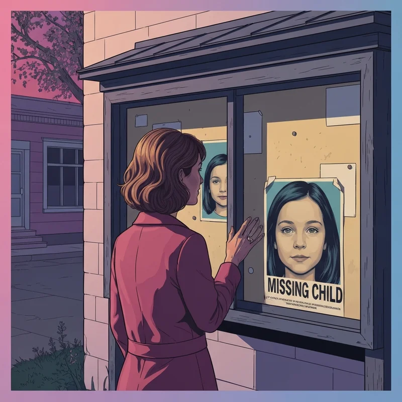 A woman looking at an old missing person poster with her own face on it, representing the do you know me movie.