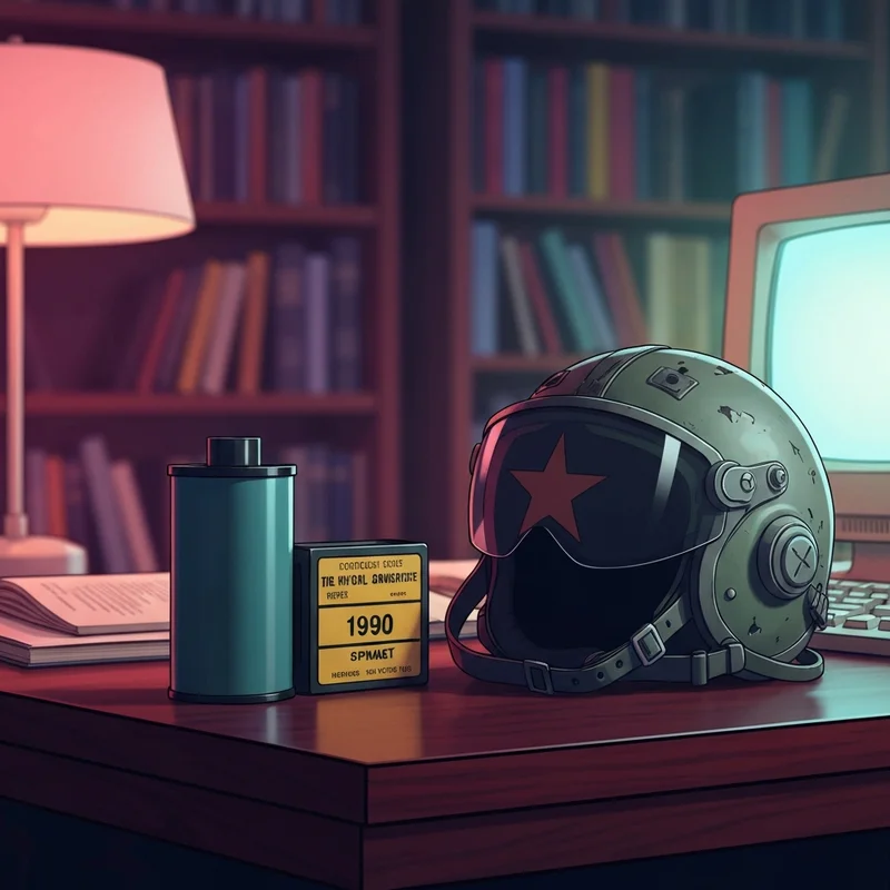 A cinematic representation of the chicken hawk documentary history featuring a vintage film reel and a military helicopter pilot helmet on a dark background.