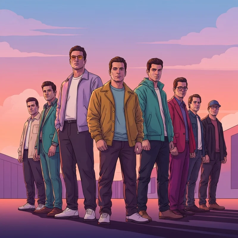 A group of diverse, confident young men under 5'8" showcasing the fun size boys aesthetic in a stylish urban setting.