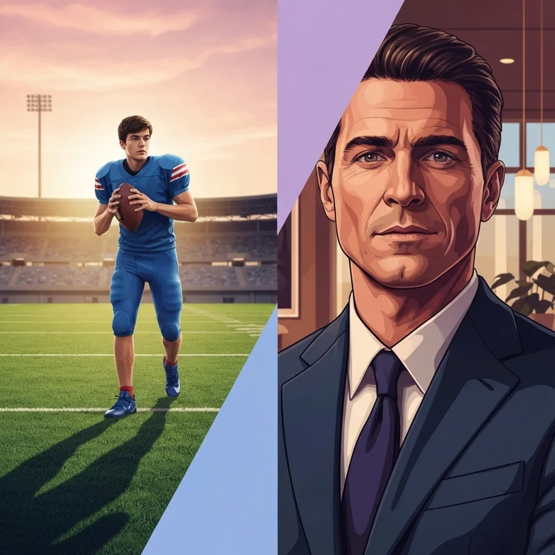A split-screen visualization representing the two identities of Austin Wilde: a young football kicker on a field and a confident public figure in a modern studio setting.