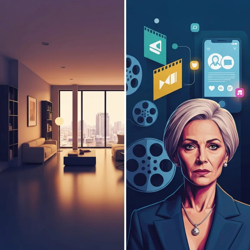 A conceptual guide to rkprime showing a split screen of a modern luxury apartment interior and digital media production icons.