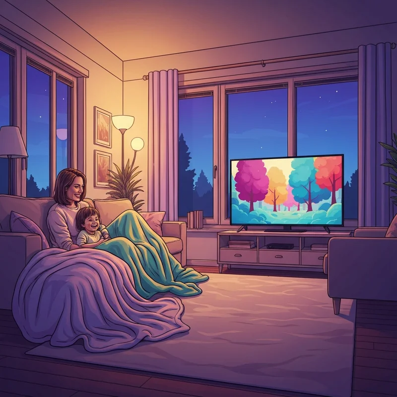 A cozy family living room with soft lighting, where a parent and toddler are snuggled on a sofa watching rated g movies on a glowing screen.