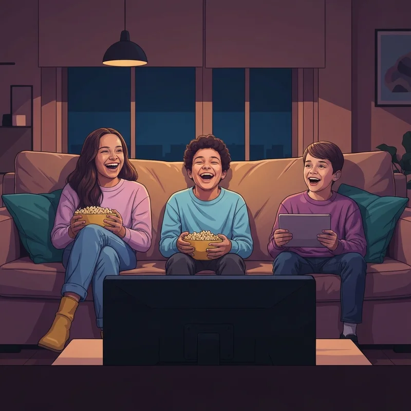 A group of diverse tweens laughing and sharing popcorn while watching a movie in a cozy living room, emphasizing the best movies for tweens.