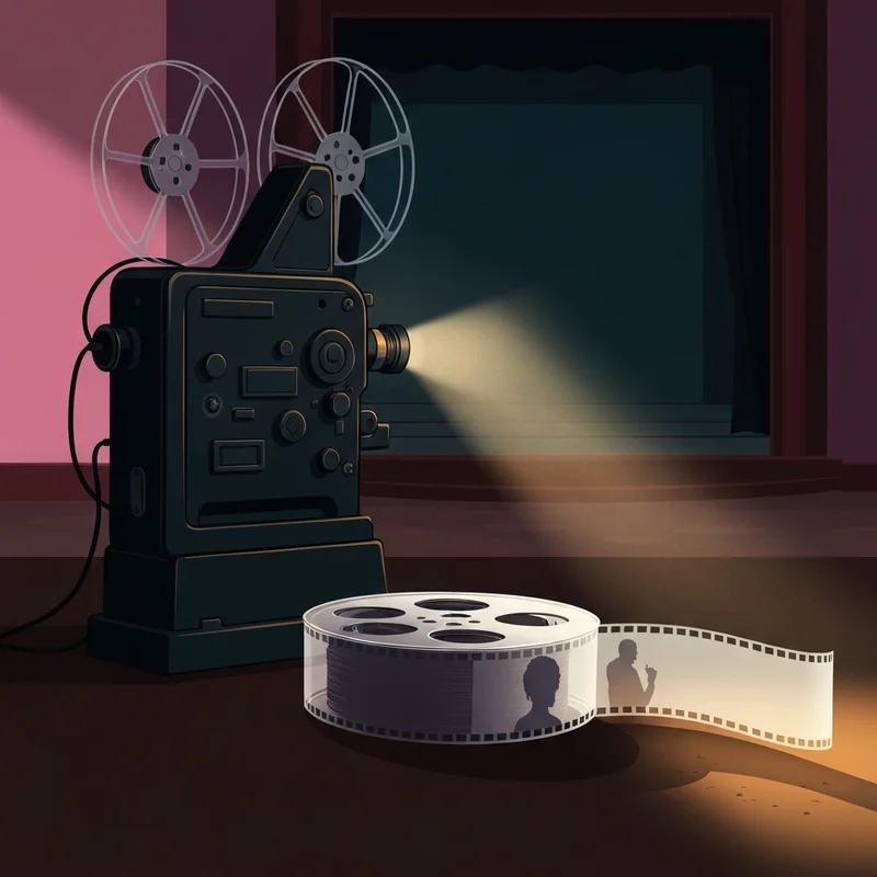 A cinematic and moody conceptual shot exploring movie rape scenes through the lens of film reels and a spotlight on an empty stage, emphasizing ethical analysis.