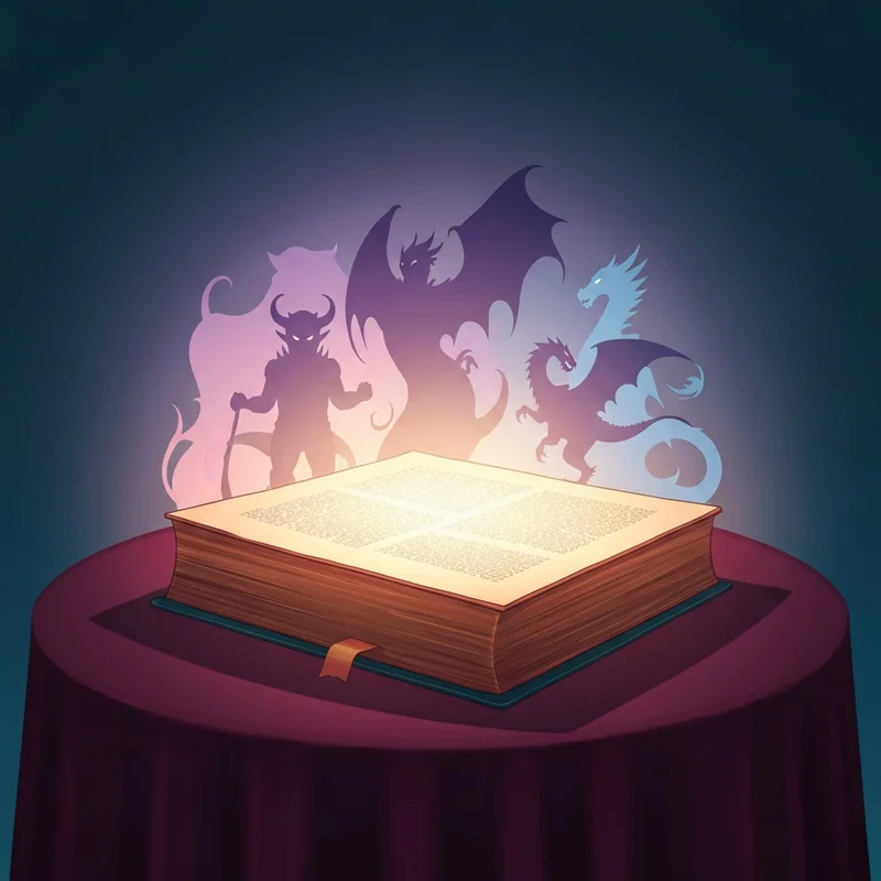 A symbolic and artistic representation of the monster romance genre and the monster co ck subculture, featuring a glowing book and ethereal shadows.