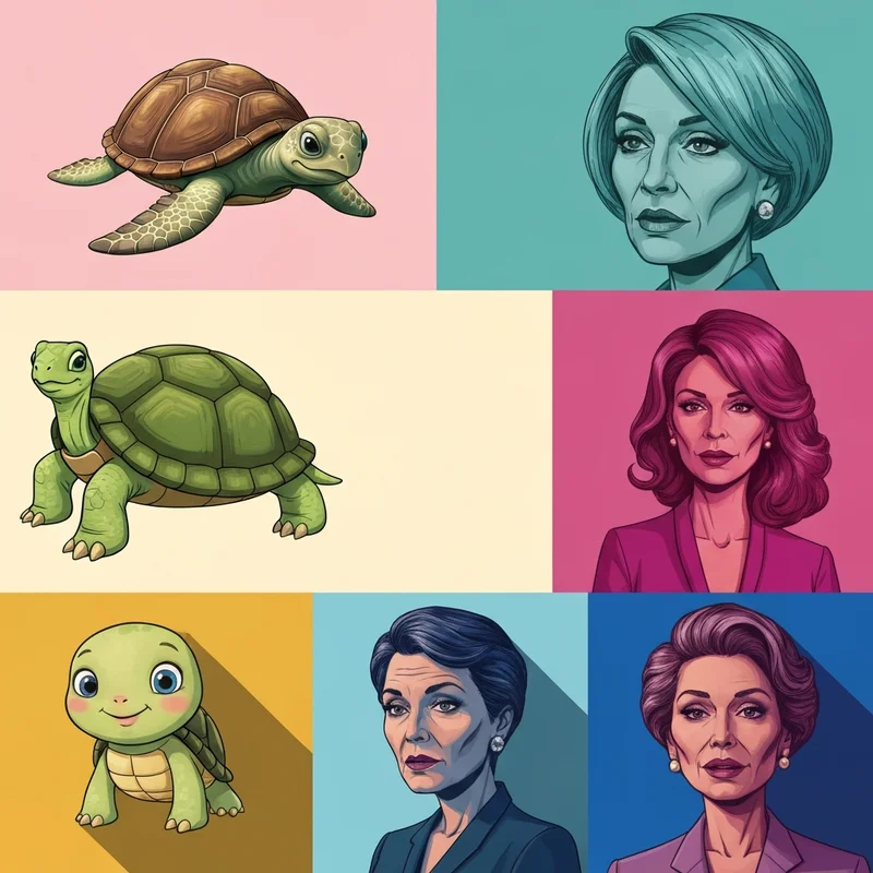 A collection of various cartoon turtle styles including 3D renders, kawaii minimalist designs, and vintage illustrations.
