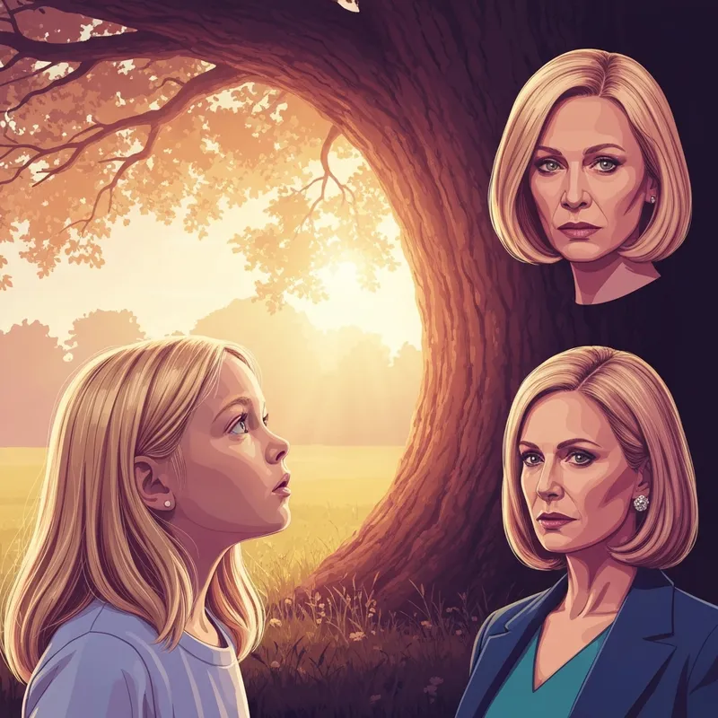 A nostalgic and cinematic representation of a young girl standing near a sun-drenched tree, symbolizing the legacy of courtney fansler.